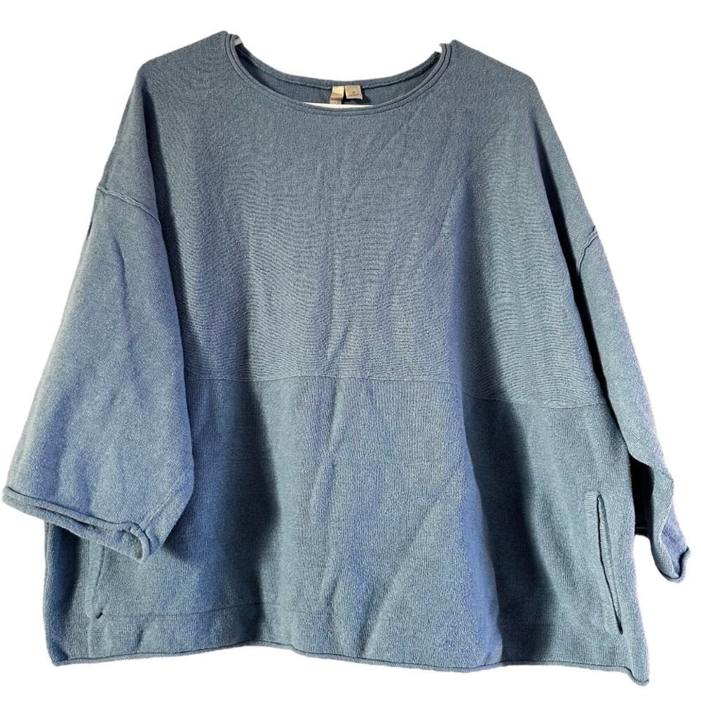 PureJill Pullover Sweater 3/4 Sleeve Round Neck Pockets Cashmere Blue Small